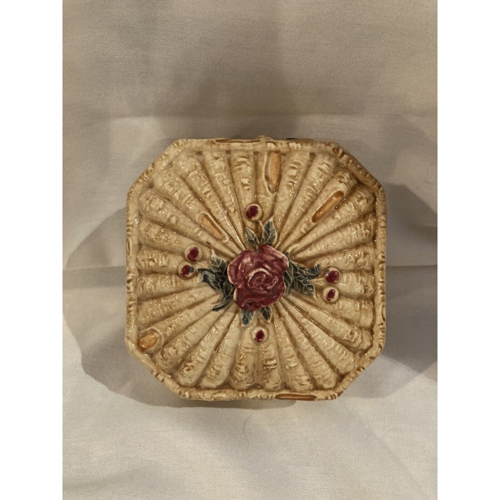 Majolica Trinket Box & Lid Japan Flower Vintage